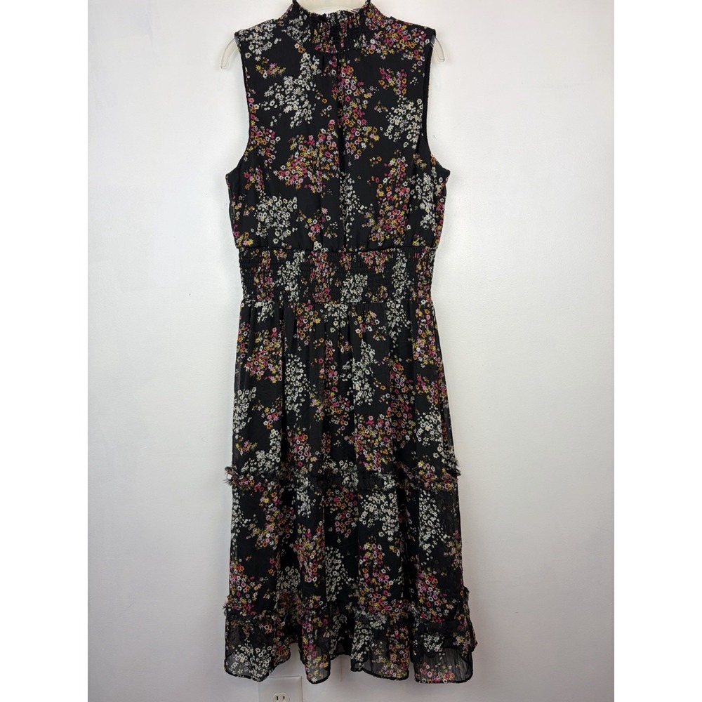 Sam and Jess Midi Dress Womens Large Black Floral Tiered Ruffle Lined Wedding